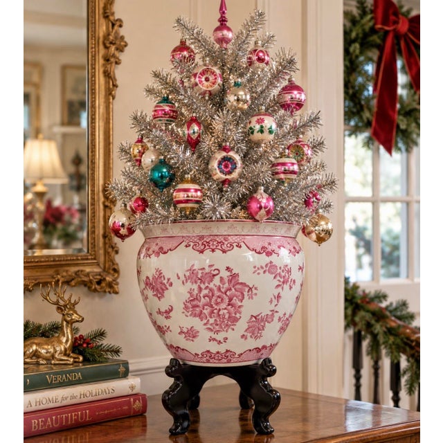 Beautiful pink and white chinoiserie fish bowl planter on wood stand. This is a breath-taking beauty and would be gorgeous...