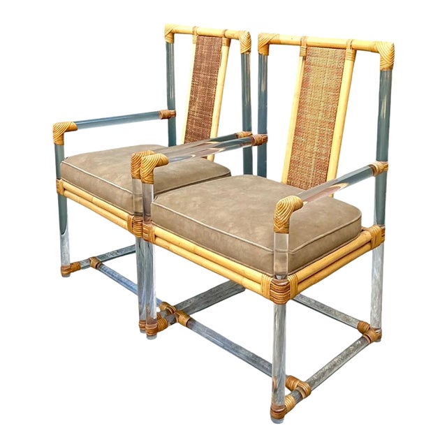 Vintage Four Seasons Lucite and Rattan Armchairs - Pair For Sale