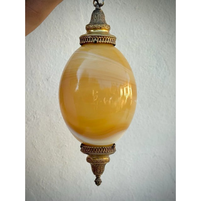 Stunning vintage “murano-style” swirl large glass pendant with warm golden “onyx” coloration and brass fittings, iron...