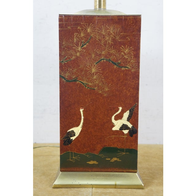 Wood Late 20th Century Frederick Cooper Chinoiserie Tea Caddy Crane Canister Lamp Leather Shade 27" For Sale - Image 7 of 18
