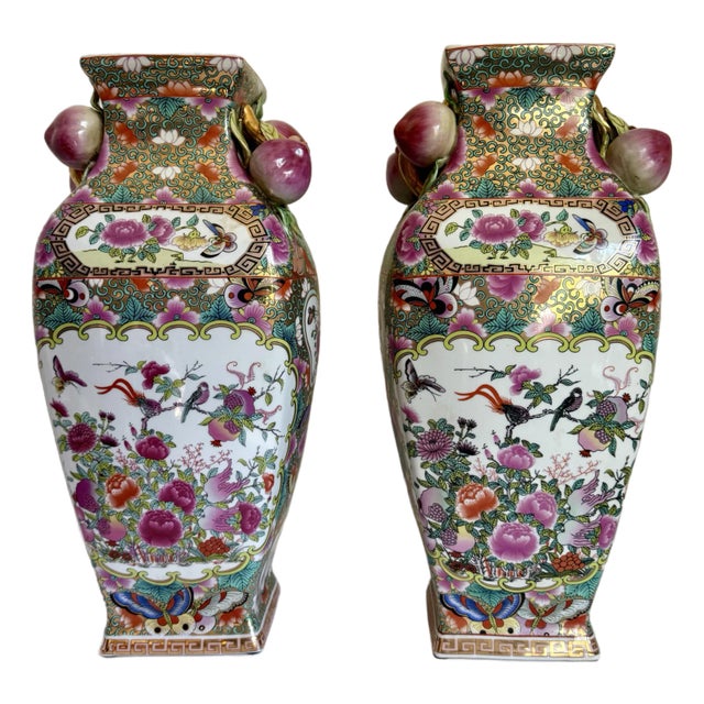Pair of Chinese Porcelain Hand-Painted Famille Rose Vases With Plum Fruit Handles For Sale