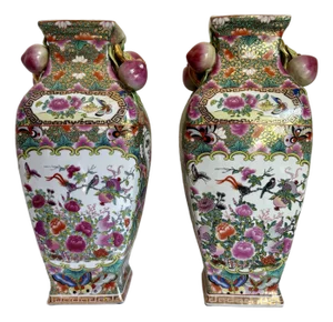 Pair of Chinese Porcelain Hand-Painted Famille Rose Vases With Plum Fruit Handles