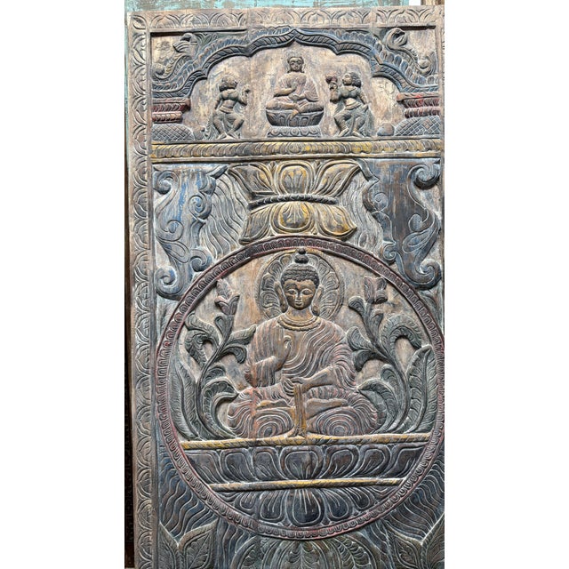 Wood Vintage Hand-Carved Buddha Wall Panel | Reclaimed Wood Zen Barn Door Art 83 For Sale - Image 7 of 9