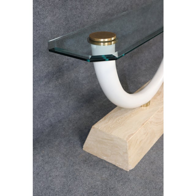 Maison Jansen Attributed Travertine Brass & Glass Tusk Style Console Table For Sale - Image 9 of 10