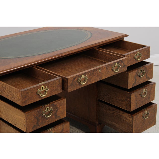 English 3 Part Leather Top Burl Walnut Desk For Sale - Image 4 of 15