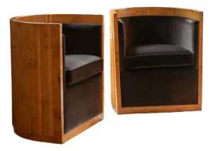 Pair of late 20th century Art Deco Burl Wood Barrel Back Chairs