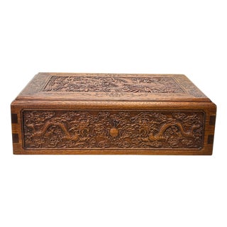 Oriental Cloud Scroll Dragons Relief Motif Treasure Chest Box For Sale