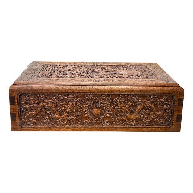 Oriental Cloud Scroll Dragons Relief Motif Treasure Chest Box For Sale