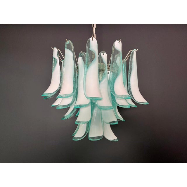 Murano Italian Murano Style Chandelier, 36 Lattimo Turquoise Glass Petals, Mazzega Style For Sale - Image 4 of 12