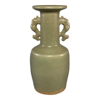 Antique Chinese Longquan Celadon Vase With Dragon Handles For Sale