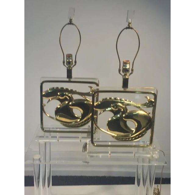 Stylized Brass Egret and Fish Design Lucite Lamps - a Pair For Sale - Image 4 of 9