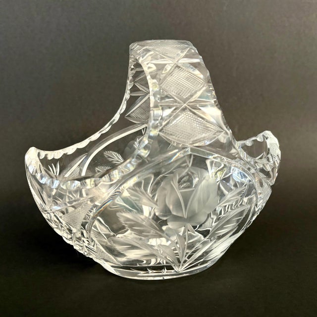 1970s Vintage Crystal Bridal Basket With Etched Rose & Cut Glass – 6" Wedding Centerpiece, Germany - Bavarian Glass For Sale - Image 5 of 8