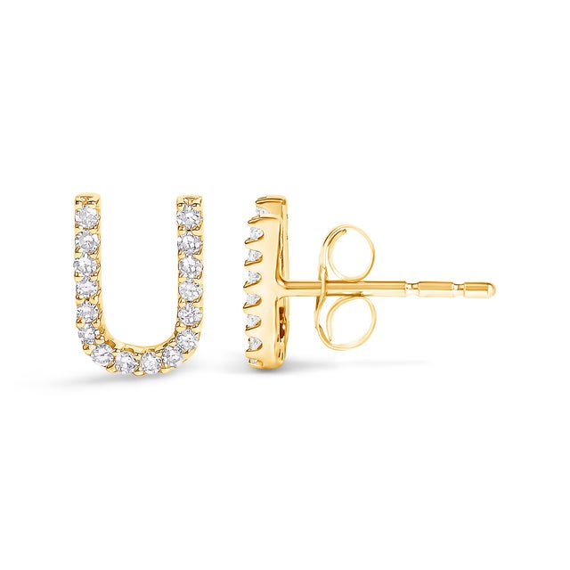 Contemporary 10K Yellow Gold 1/10 Cttw Diamond 'U' Initial Stud Earring For Sale - Image 3 of 5