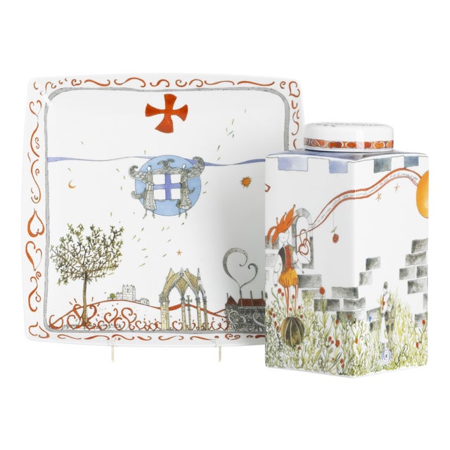 Porcelain Bottle and Tray from Vista Alegre, Set of 2 For Sale