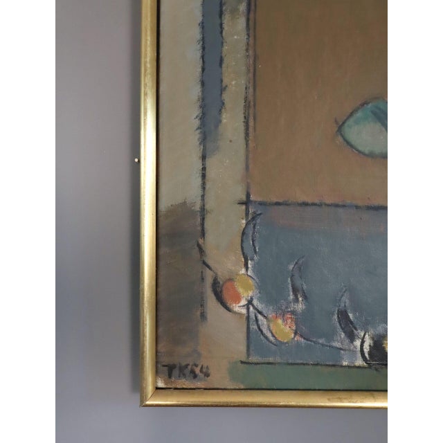 Textile Mid-Century Modern 'Arrangement by the Window' Vintage Swedish Original Still Life Interior Oil Painting, Framed For Sale - Image 7 of 11
