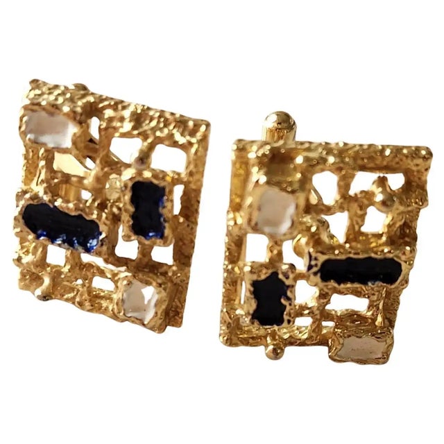 1970s Brutalist Christian Dior Gold Tone Enamel Stone Cufflinks stamped by maker approximately 1 x .75 x 1 Preowned...