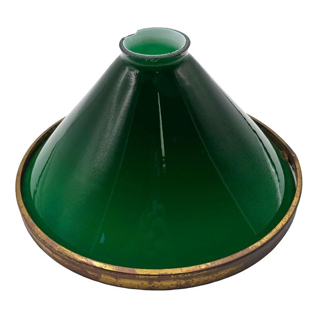 1920s Deco Banker/Poker Ceiling Light W/ 11" Brass Rim Green Glass Shade, 5 Available For Sale - Image 9 of 13