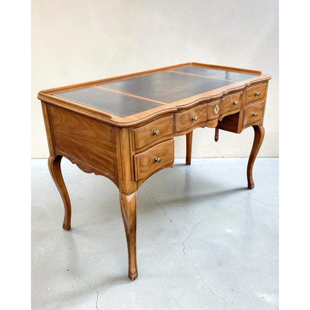 John Widdicomb Fine Wm. A. Berkey Figured Cherry Leather-Top Louis XV Style Writing Desk for John Widdicomb, Circa 1950 For Sale - Image 4 of 12