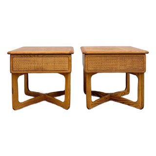 Very Rare Lane Perception MCM Oak Nightstands Cane Drawers Vintage, A Pair For Sale