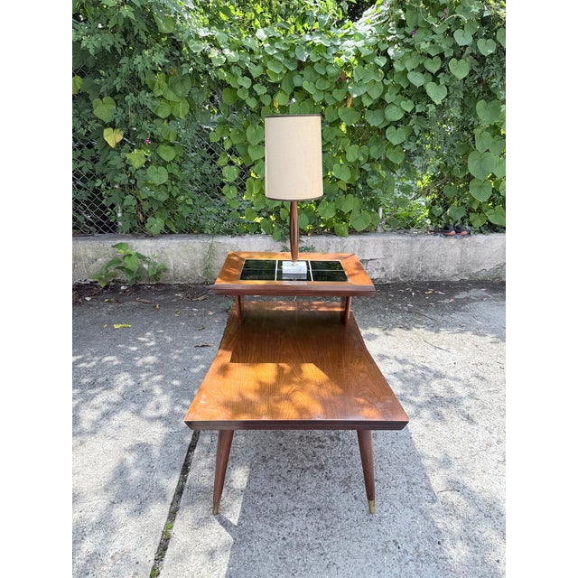 Wood Danish Style Mid Century Walnut and Brass Table Lamp For Sale - Image 7 of 13