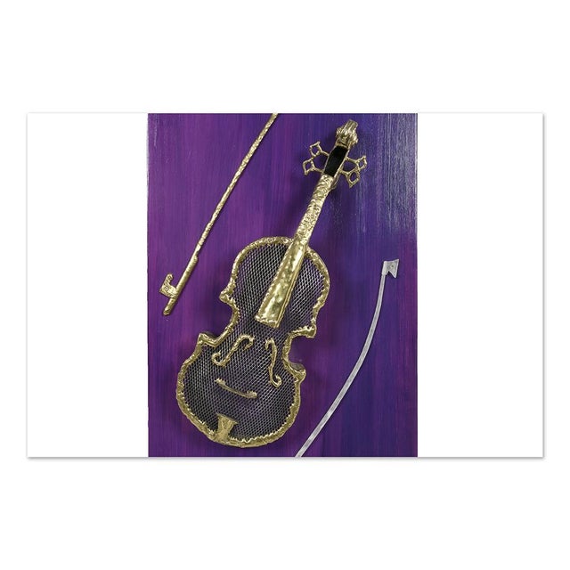 Metal Brass Violin Placed on Golden Plate by Henri Fernandez For Sale - Image 7 of 8