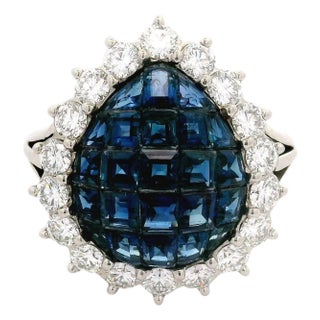 Invisible-Set Sapphire Diamond Platinum Halo Ring, Size 7 For Sale