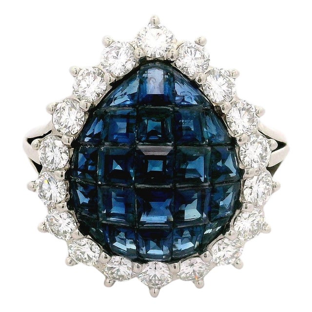 Invisible-Set Sapphire Diamond Platinum Halo Ring, Size 7 For Sale
