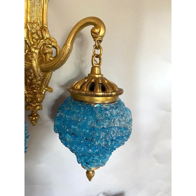Blue 1980 French Louis XVI Bronze Blue Crystal Wall Lamps Sconces - Pair of 2 Pc For Sale - Image 8 of 11