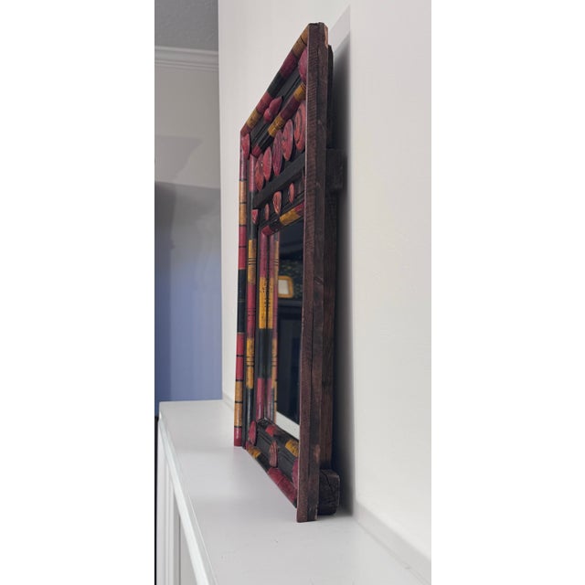 Wood Vintage Tribal Folk Art Painted Wood Wall Mirror in Black, Red & Yellow For Sale - Image 7 of 13