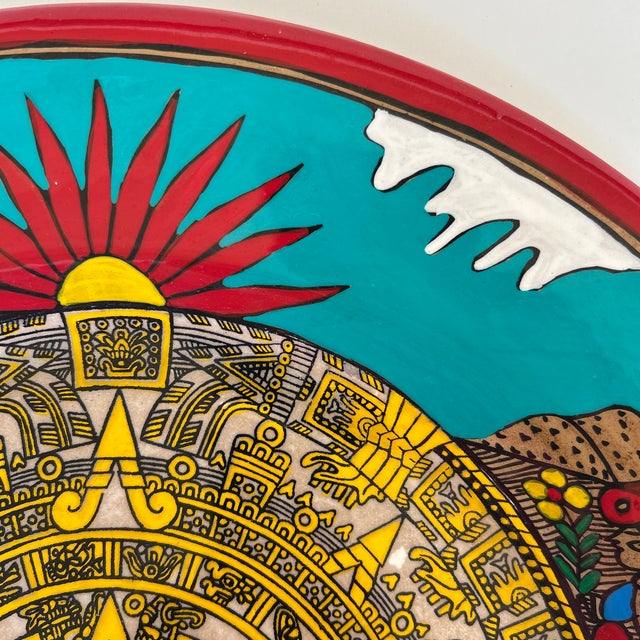 Late 20th Century Vintage Hand Painted Terracotta Mexican Wedding Plate With Aztec Calandar For Sale - Image 5 of 11