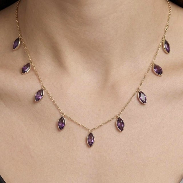 Contemporary Purple Amethyst Station Neckalce | 925 Sterling Silver Handmade Dainty Necklace For Sale - Image 3 of 5