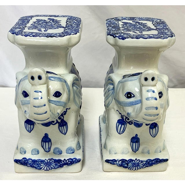 Late 20th Century Vintage Blue and White Chinoiserie Ceramic Elephant Plant Stands- a Pair For Sale - Image 5 of 12