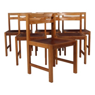 Vintage Dining Chairs in Pine and Saddle Leather by Knud Færch, 1960s, Set of 6 For Sale