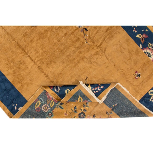 Beautiful Oversize Antique Chinese Art Deco Rug, hand-knotted wool with a Goldenrod field, navy -blue frame in an allover...