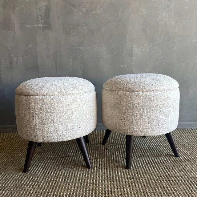 Mid-Century Modern Pair of Off-White & Greige Ottomans Made From Vintage Turkish Rugs For Sale - Image 3 of 9