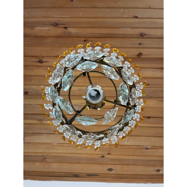 Rare Vintage Brass Crystal Chandelier | 1960s | Amber & Clear Crystal Pendant Light For Sale - Image 14 of 16