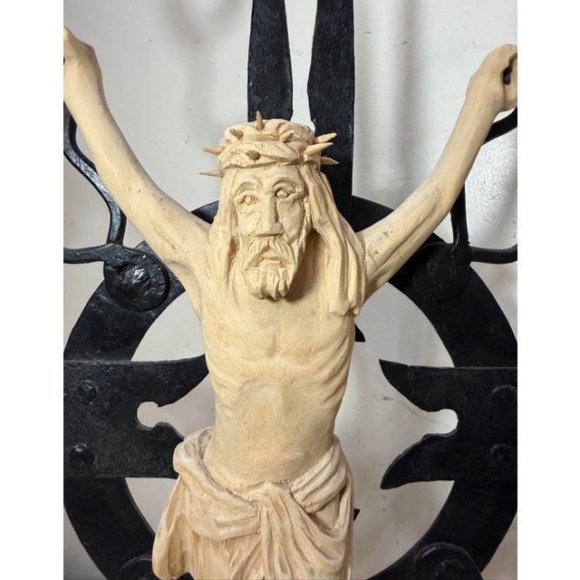 Large Vintage Carved Wood Wrought Iron Religious Wall Crucifix Cross Sculpture For Sale In New York - Image 6 of 14