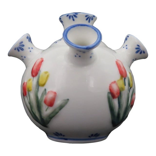 Vintage Royal Twickel Ter Steege Bv Delft 5 Finger Hand Painted Tulip Vase For Sale