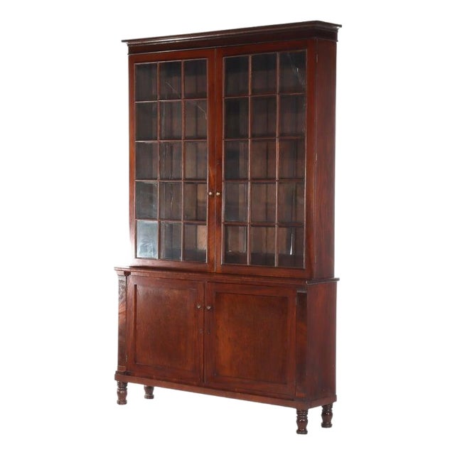 Oversized Antique Sheraton Flame Mahogany Step Back Cupboard C1830 For Sale