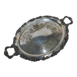 Antique Footed Silver Plate Tray With Grape & Shell Design For Sale