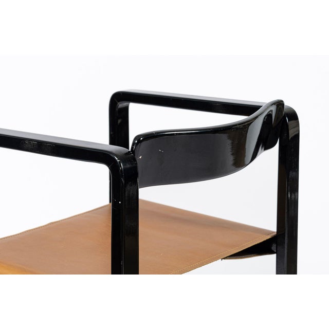 Mid Century Modern Black Lacquer and Brown Leather Arm Chairs 1970s For Sale - Image 12 of 15