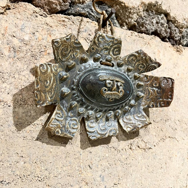 AMBIANIC presents 1970s Handcrafted Sun shaped Pottery 5 h x 7.38 w x 1.38 d Decorative hanging all art Leather string...