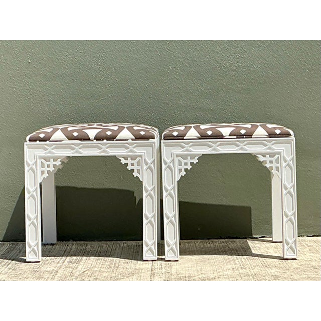 Vintage White and Brown Fretwork Upholstered Stools - A Pair For Sale - Image 11 of 12