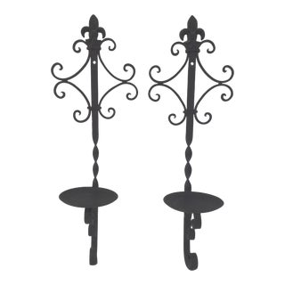1970s Black Wrought Iron Candle Sconces, a Pair For Sale
