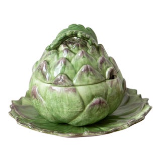 1980s Lidded Majolica Artichoke Tureen and Dish Set For Sale