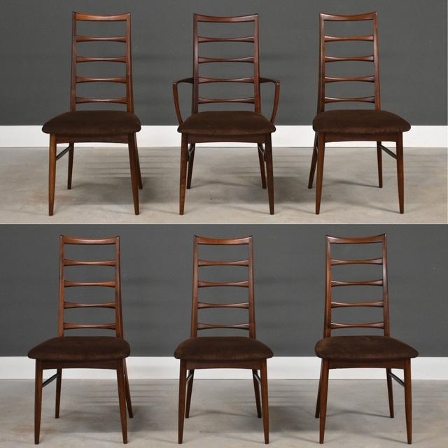 A beautiful set of six mid century modern teak high back Lis dining chairs with horiontal slatted ladder backs designed by...