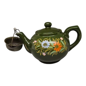 Vintage Green Floral Hand Painted Moriage Teapot Made in Japan and Strainer
