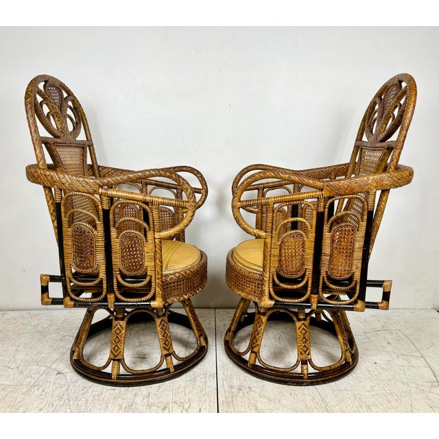 Vintage Ornate Rattan Woven Caning Swivel Chairs- a Pair For Sale In Tampa - Image 6 of 12
