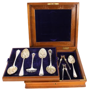 19th Century Boxed Fruit Spoons, Nutcrackers, Grape Scissors from Hukin & Heath, Set of 10