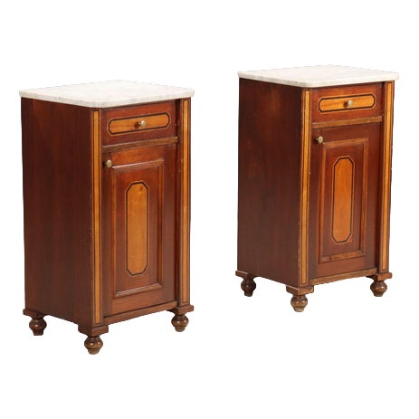 Antique Bedside Tables in Mahogany Veneer and White Marble, 20th Century, Set of 2 For Sale